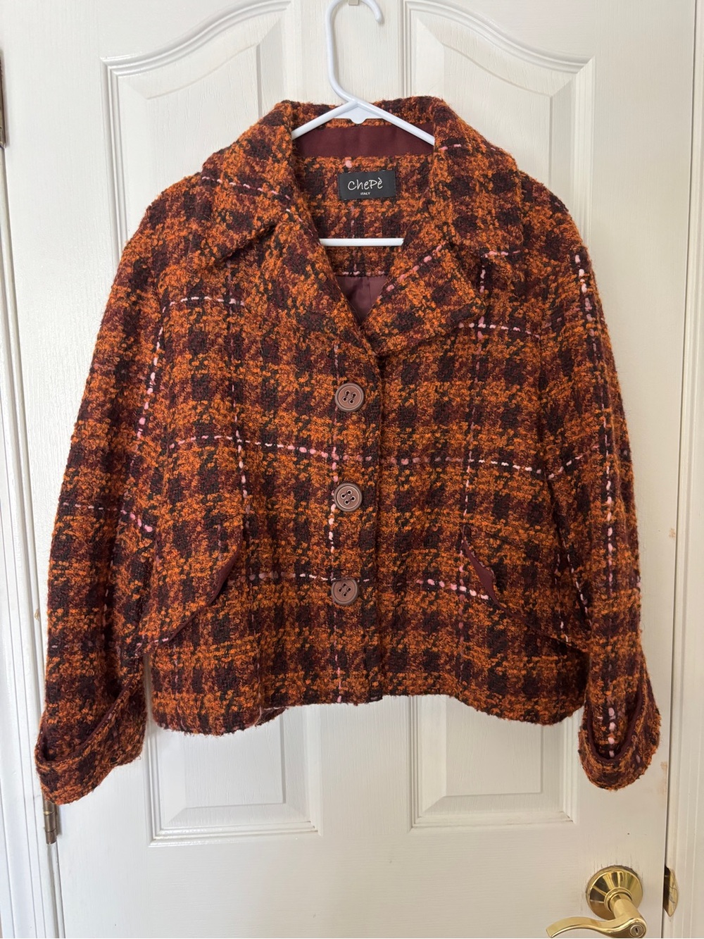 Chepe Made in Italy Women’s Orange Plaid Wool Blend Jacket ~ Women’s Medium